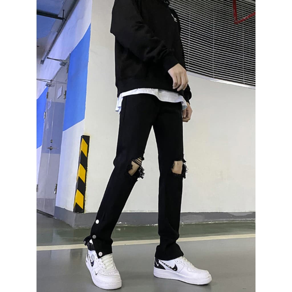 Calças rasgadas Jeans masculinas Slim-fit calças masculinas magras preto lavado americano Casual High Street Retro calça