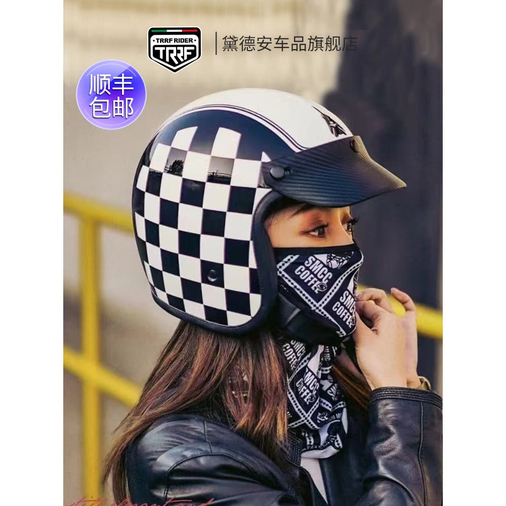 TRRRF Meio Capacete De Fibra De Carbono Masculino Retro Capacete Feminino Motocicleta Capacete De Três Quartos Cruise Lo