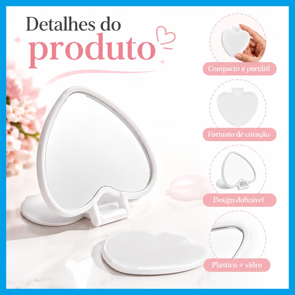 Espelho de Bolsa Formato Coração Branco Kit 10 ou 20 Peças com Tampa Dobrável para Maquiagem e Lembrancinha