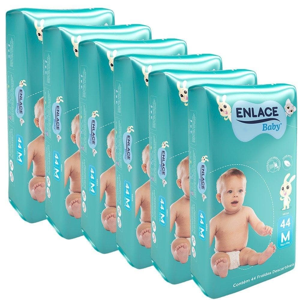 Fralda Descartável Enlace Baby Mega Tamanho M - 6 Pacotes com 44 Fraldas - Total 264 Tiras