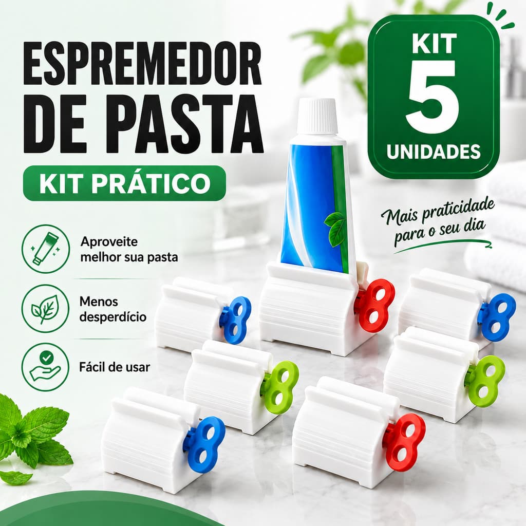 Kit 5 Espremedores de Pasta de Dente Giratório Evita Desperdício Design Inovador