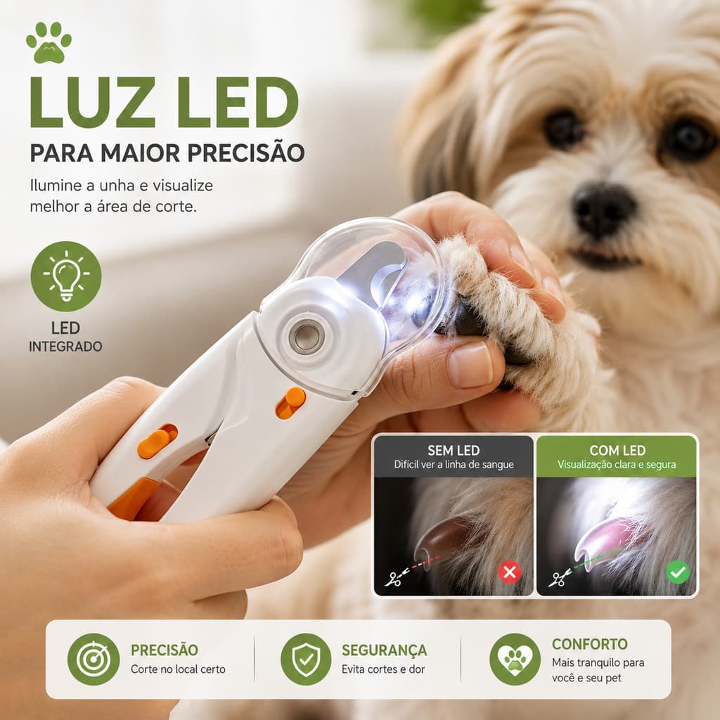 Alicate Cortador de Unha Pet Luz LED para Cães e Gatos Lixa Embutida Anti-Resíduos