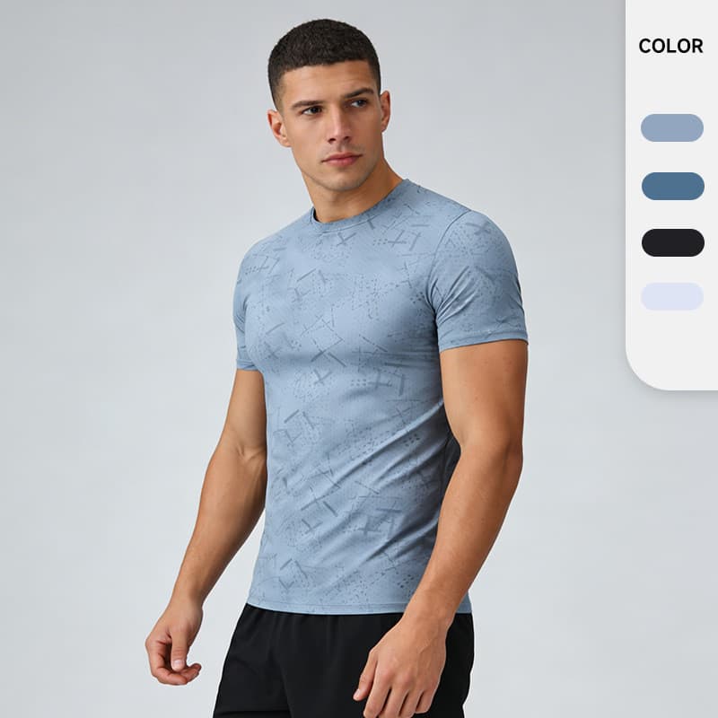 Camiseta masculina estampada absorvente de umidade absorvente respirável verão em torno do pescoço seda gelo rápido @