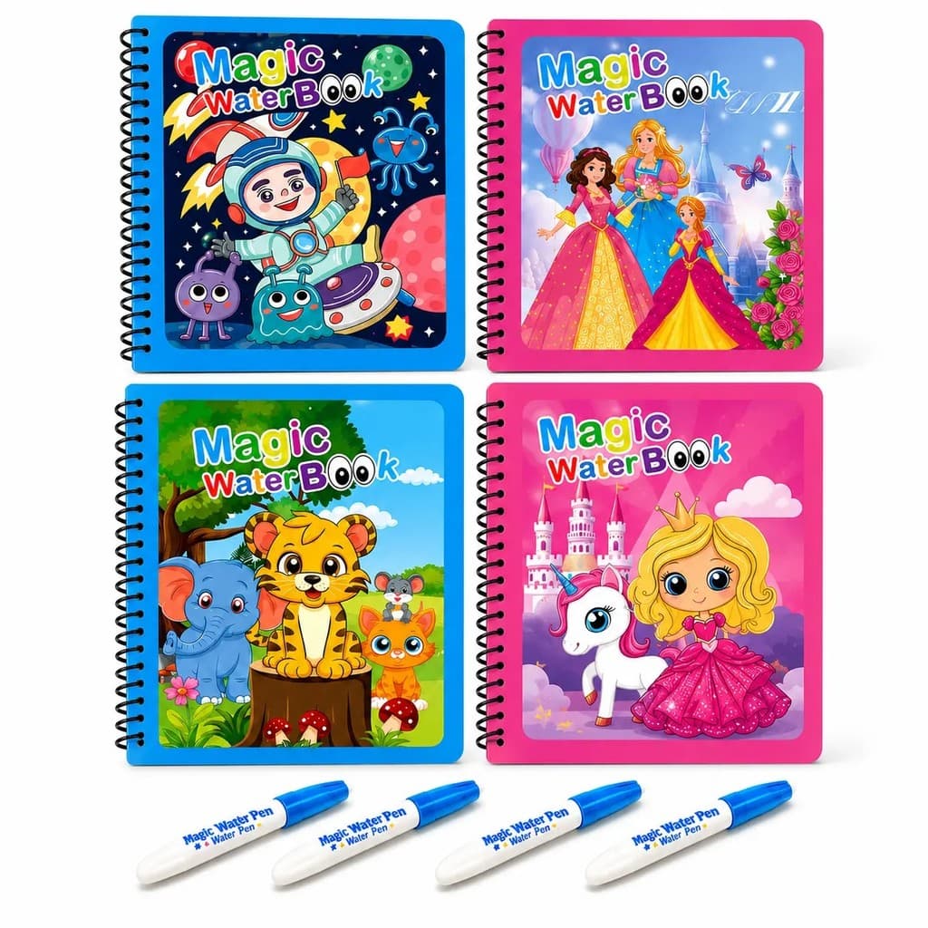 Conjunto De Livros Mágicos Reutilizáveis Para Colorir Água Com 4 Pacotes Crianças De 3 A 4 Anos-Canetas De Da Torneira ,