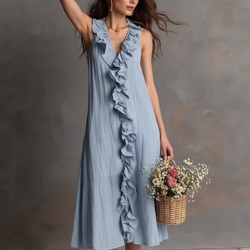 Vestido estilo férias à beira-mar, cor sólida, decote em v, renda, saia longa grande