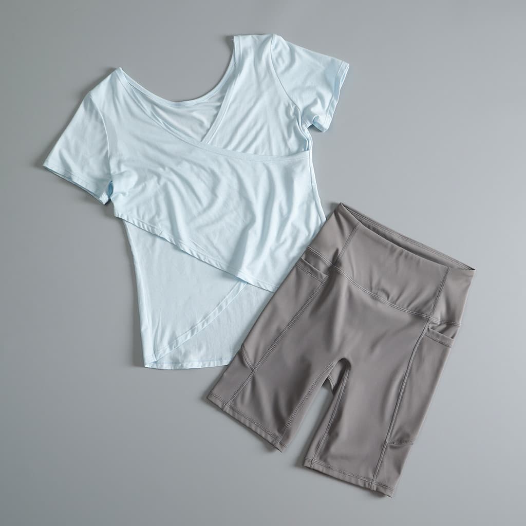 Solto respirável Yoga Wear terno feminino verão bela volta esportes exercício de secagem rápida manga curta cintura alta