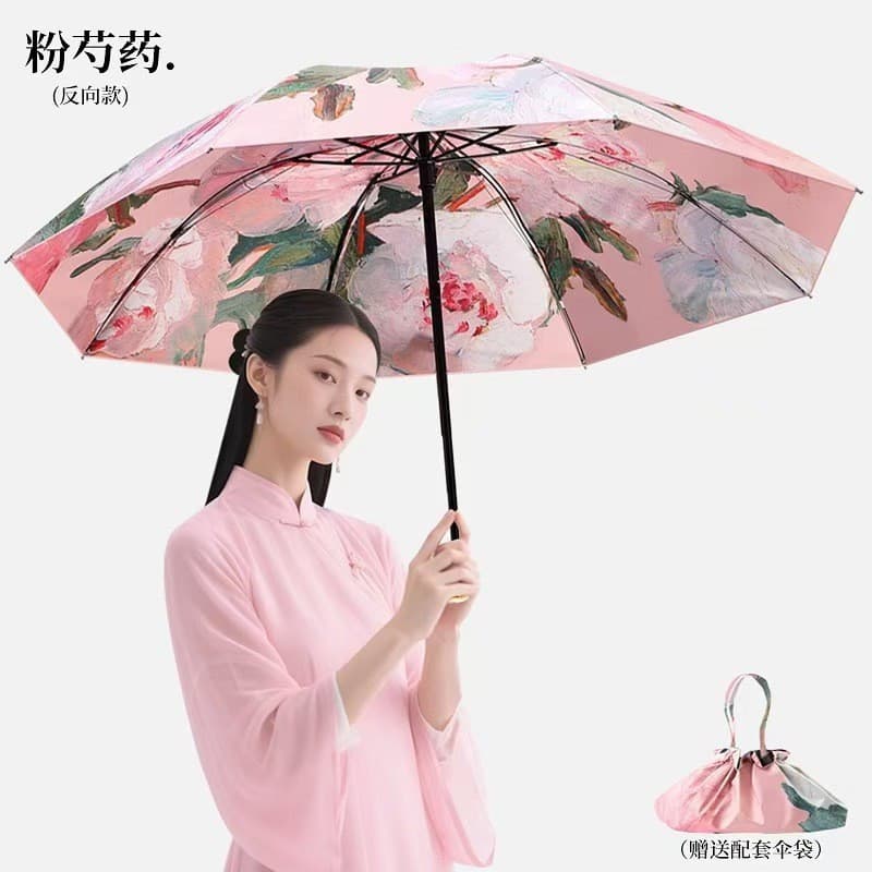 [Flores duplas dupla face] Série de pintura a óleo de alto valor Chuva ou chuva Guarda-sol Protetor solar Guarda-sol Ant