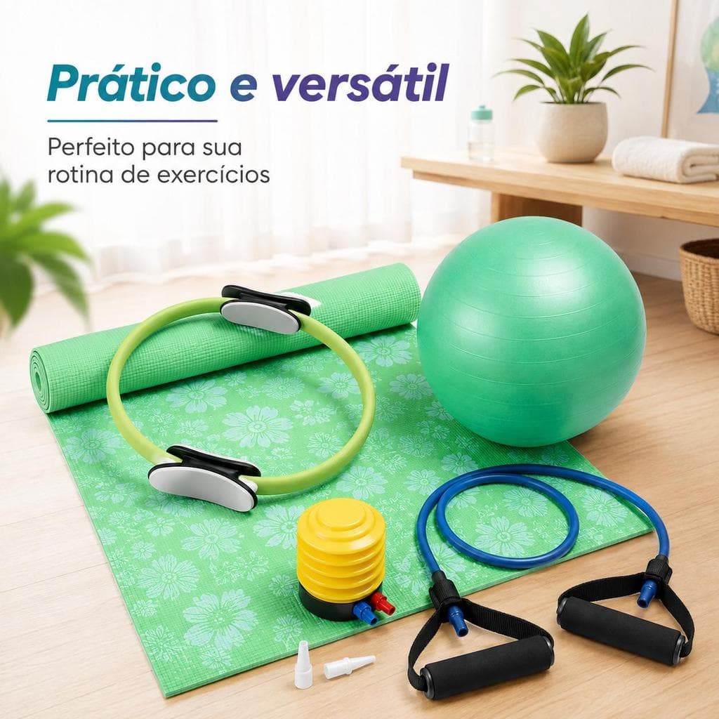 Kit Pilates Verde com 4 Peças para Exercícios Alongamento Equilíbrio e Fortalecimento