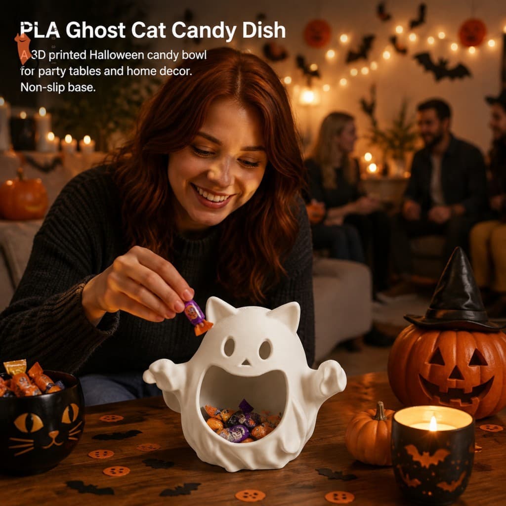Prato De Doces De Gato Fantasma Impresso Em 3D , Tigela Halloween PLA Com Base Antiderrapante Para Mesa De Festa , Sala