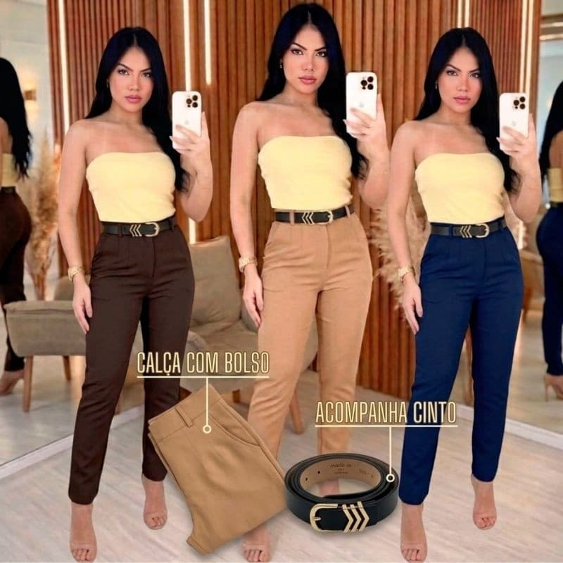 CALÇA ALFAIATÁRIA FEMININA COM BOLSOS ACOPANHA CINTO CINTURA ALTA COM ZÍPER NA LATERAL SOCIAL RN