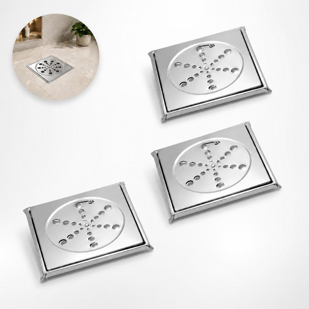 Kit Ralo Quadrado 10x10 Inox 3 Unidades Piso Banheiro Box Chuveiro Moderno
