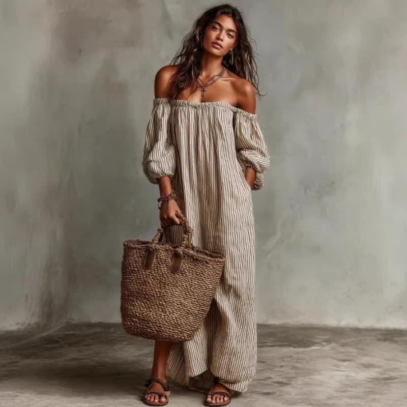 Vestido feminino novo estilo elegante Casual solto vestido listrado de um pescoço