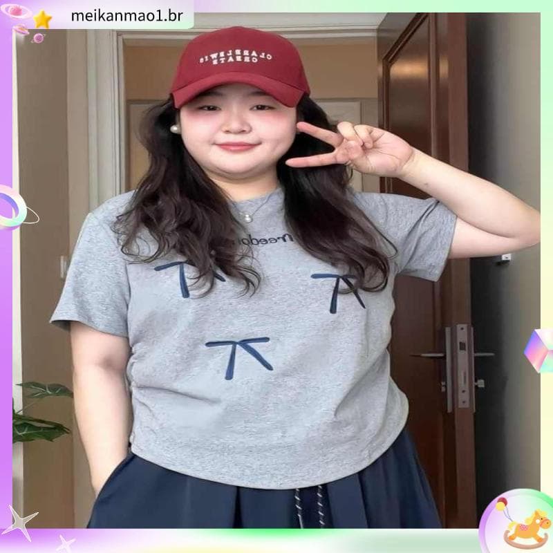 Loja venda quente 100kg Plus Size feminino em torno do pescoço de manga curta camiseta verão 2026 novo estilo gordura MM