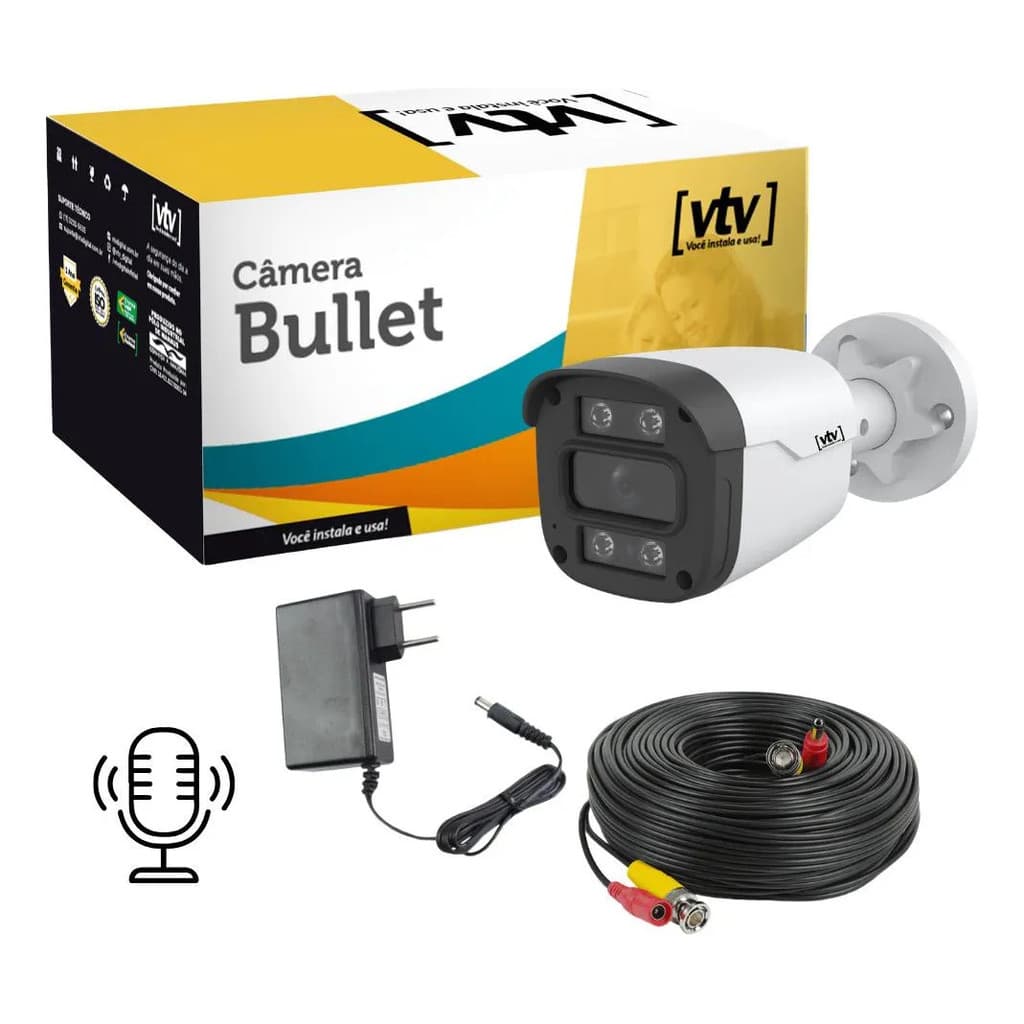 Kit Camera Bullet Full Color Mic + Cabo 15m + Fonte 12v Dcr-