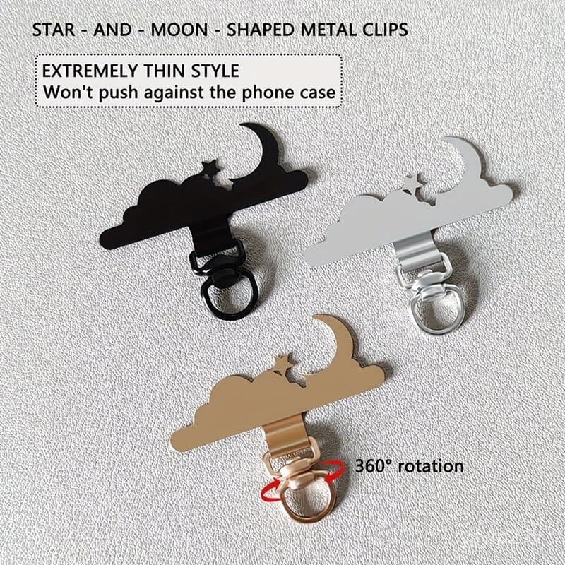 Clipe para celular em formato de estrela e lua vazadas, equipado com um conector giratório universal de aço inoxidável r