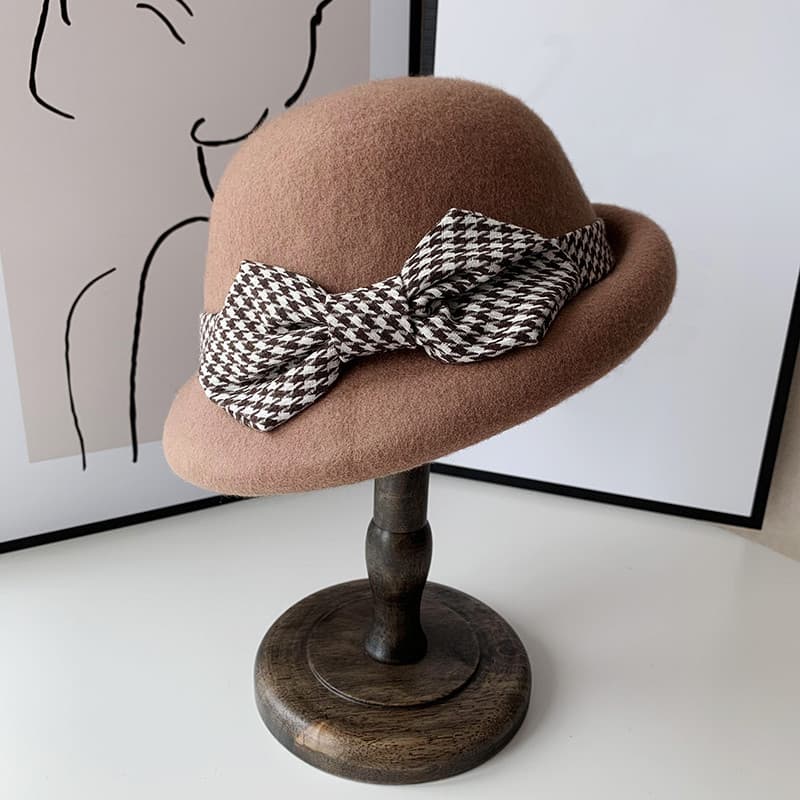 Chapéu feminino outono inverno versão coreana moda boina de lã britânico Retro Houndstooth Curling pequeno chapéu superi