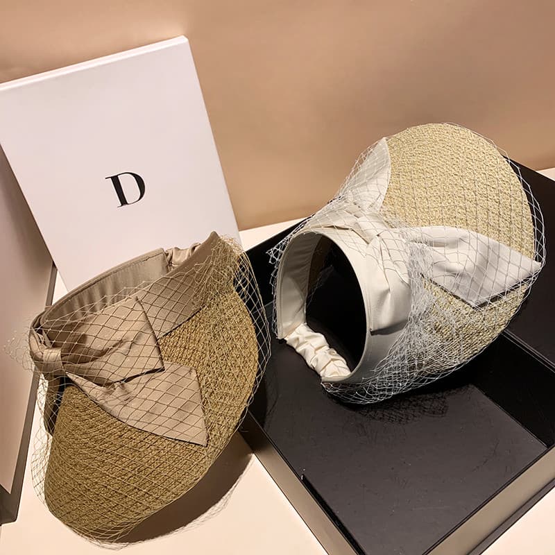 Ráfia elegante malha Bowknot vazio chapéu superior feminino verão viagem chapéu de sol protetor solar praia moda chapéu