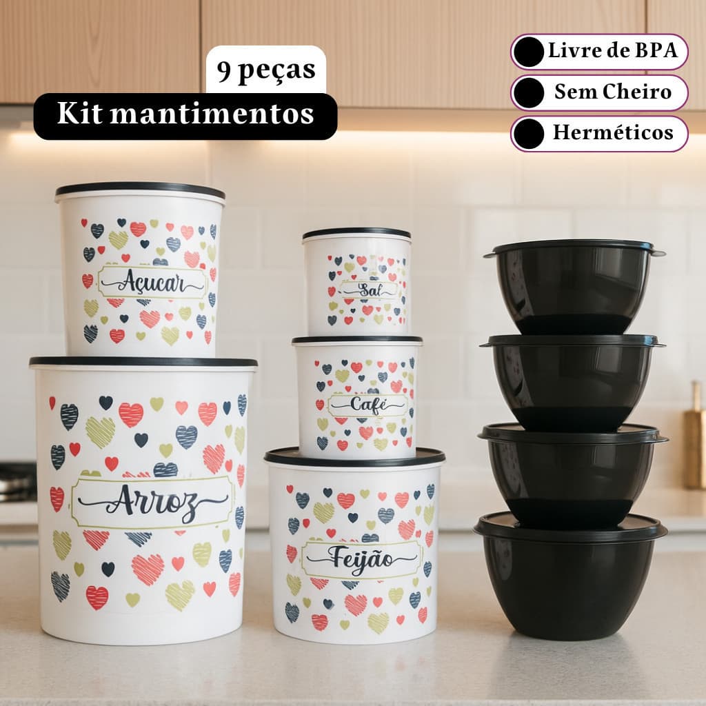 Kit de mantimentos cozinha 5 peças + 4 potes herméticos para cozinha