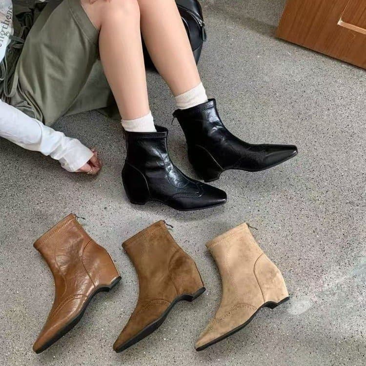 Botas Femininas de Bico Fino, Botas Curtas com Zíper Traseiro, Botas Casuais Retro com Salto Anabela, Tamanhos 35-40