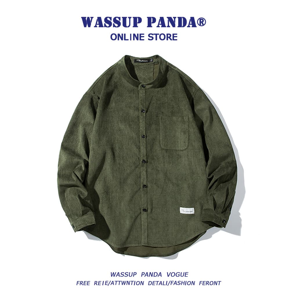 WASSUP PANDA Japonês Gola Redonda Veludo Camisa de Manga Comprida Masculina Primavera Outono Street Wear Camisa Solta Ja
