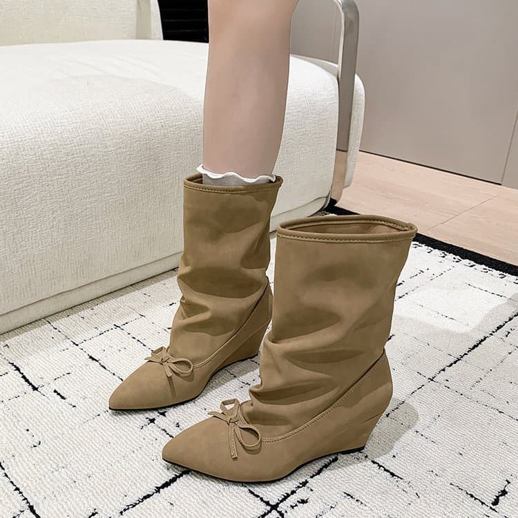 Botas Femininas de Bico Fino, Botas Curtas Soltas com Laço, Elegantes, com Salto Anabela, Botas Empilháveis, Tamanhos 35