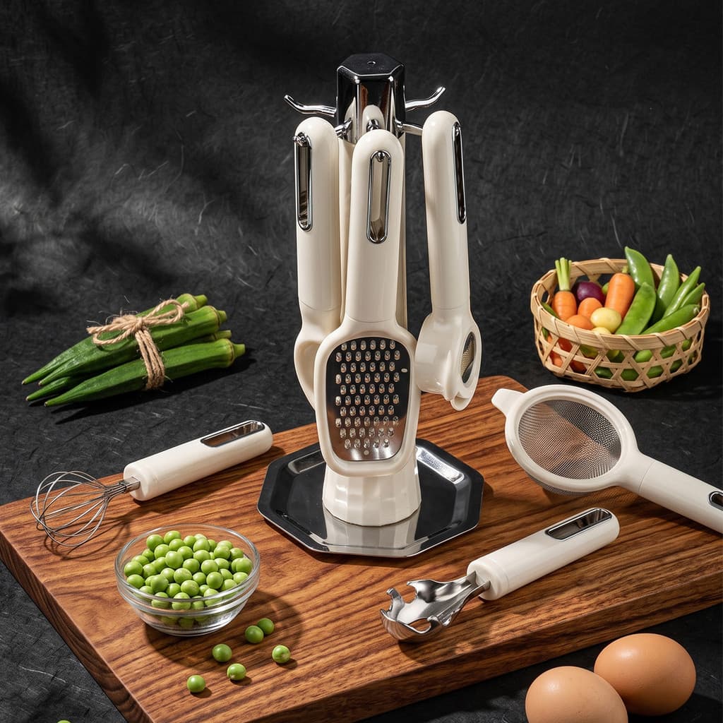 Conjunto de Utensílios de Cozinha em Aço Inoxidável de 7 Peças: Descascador, Batedor de Ovos, Ralador com Suporte de Arm