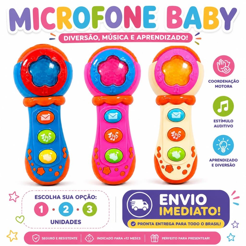 Microfone Infantil Baby Musical Com Luz e Som Brinquedo Bebê Interativo Música