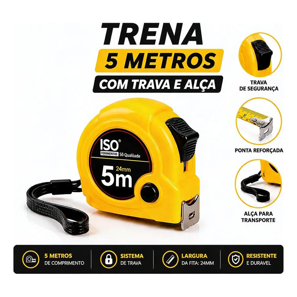Trena Métrica 5m 24mm Com Trava Clipe Cinto Obra Construção com Alça de Bolso