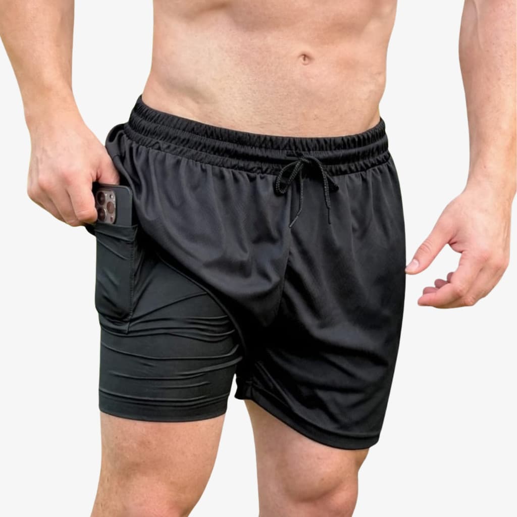 Short 2 Em 1 Masculino Bolso Interno Celular Compressão Bermuda Dry Fit Treino Corrida Fitness Preta GG