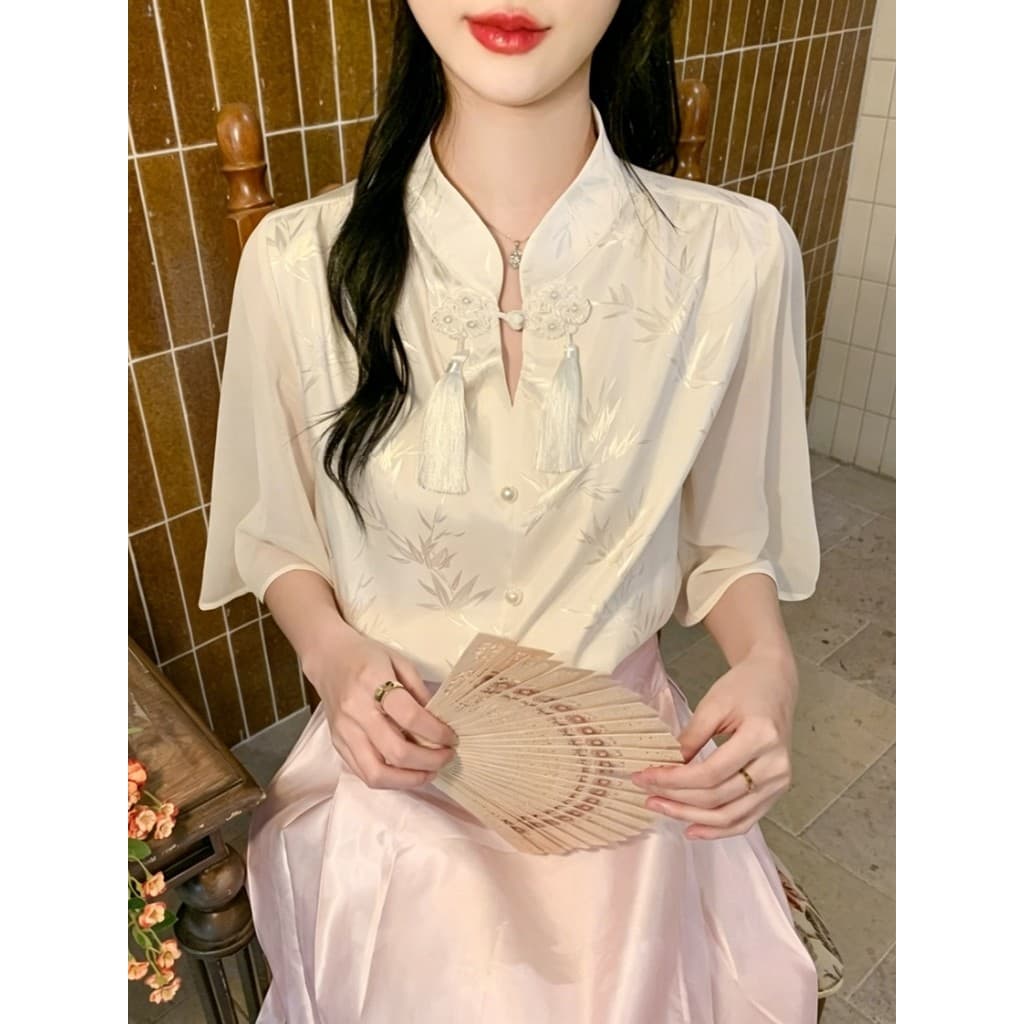 Camisa branca de manga curta 2026 novo estilo senhoras verão novo estilo chinês Chiffon camisa cavalo saia Hanfu topo