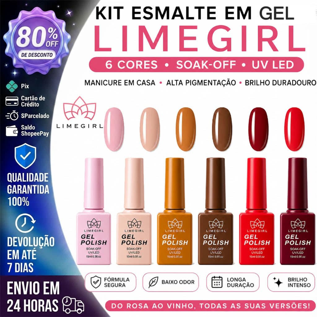 Kit Esmalte em Gel Limegirl 6Cores Soak‑Off UV LED Manicure em Casa Alta Pigmentação Brilho Duradouro Rosa Nude Vermelho
