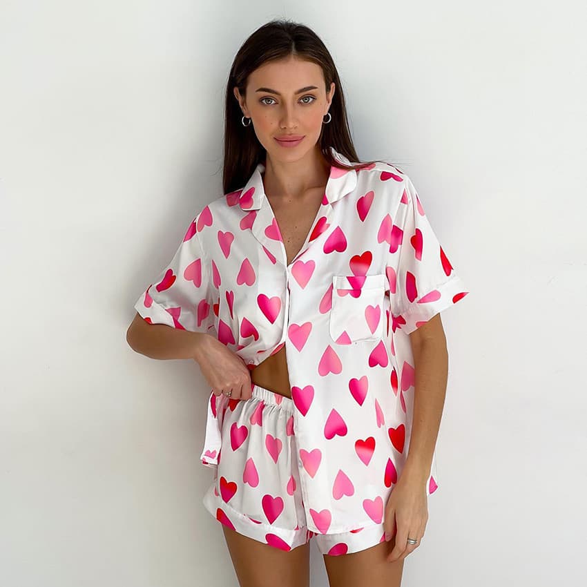 Conjunto de Pijama de Seda Satin com Estampa de Coração para Mulheres, Camisa Casual de Manga Curta com Botões