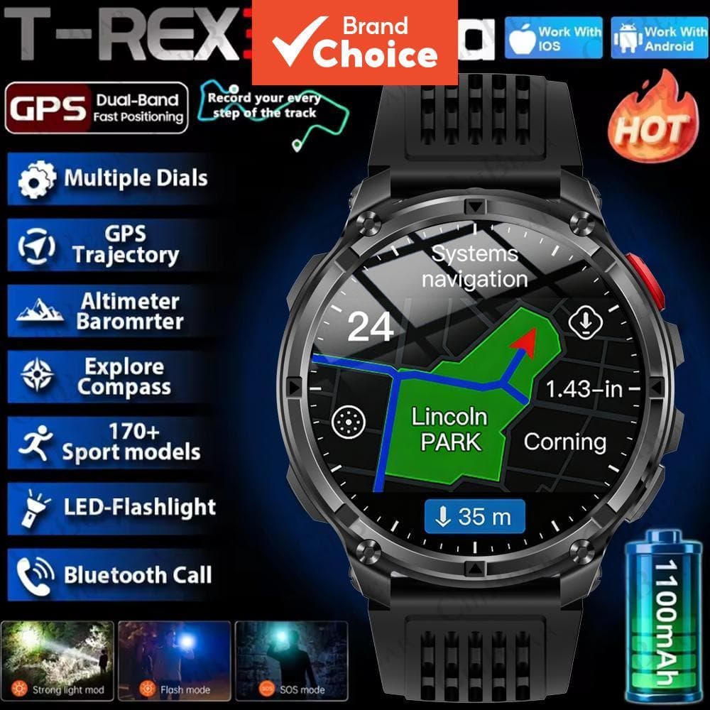 2026 Novo Smartwatch Militar T-Rex 3 Pro 1100mAh Bateria GPS Trajetória 5ATM À Prova D'água Esportivo com Monitor de