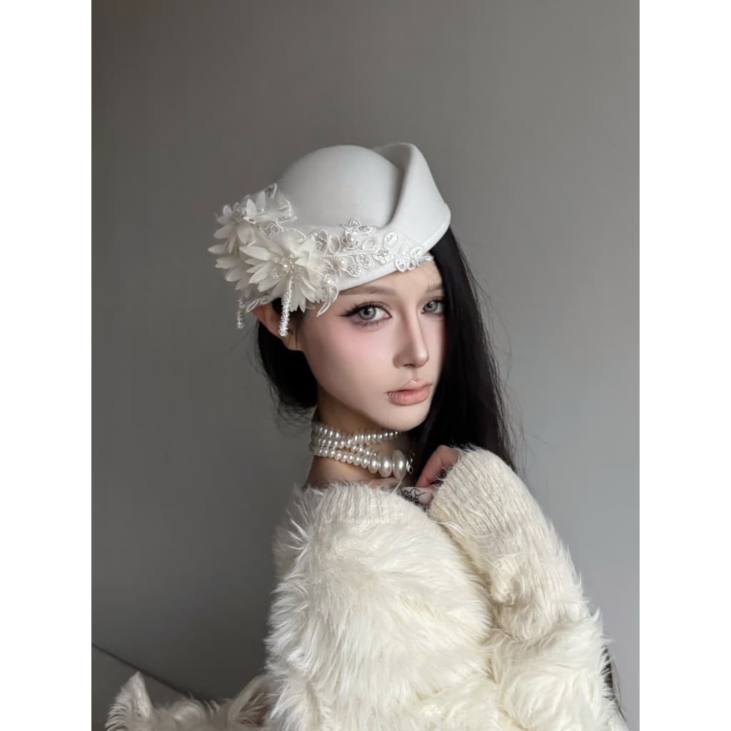 Original borla pérola renda aeromoça chapéu filha estilo atmosfera pequeno chapéu superior francês feminino imitação boi