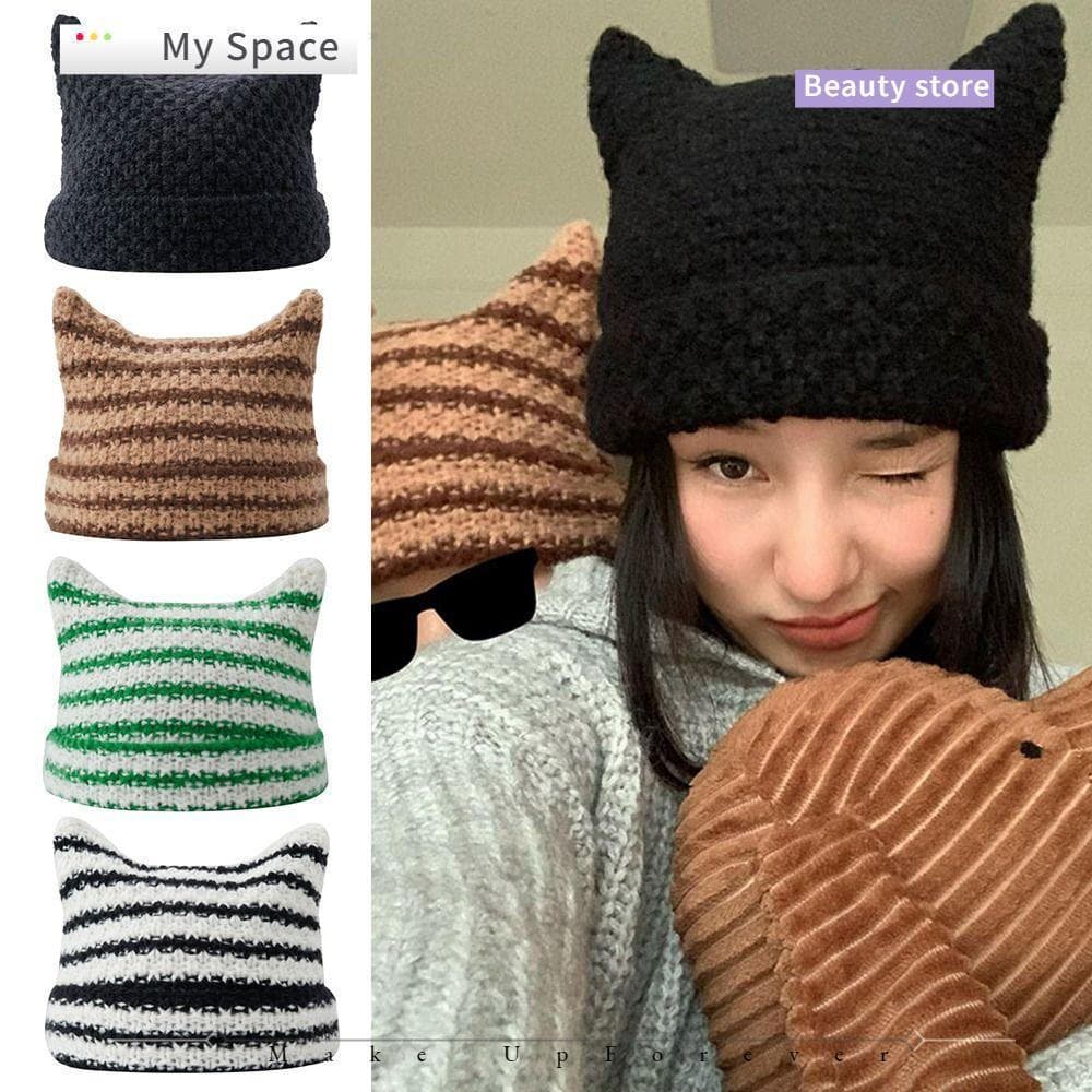 Meu Gorro Japonês Boné Casual Outono Inverno Bonito Orelhas De Gato Chapéus Femininos De Lã De Malha