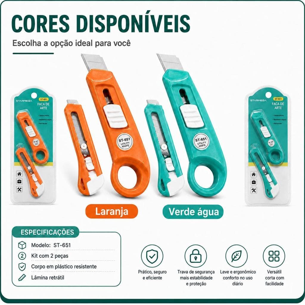 Kit 02 Unidades Mini Estilete Cortador Papelaria Lâmina Retrátil Cor Sortidas