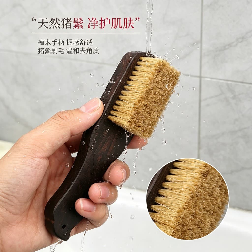 Escova corporal de sândalo, escova de banho, escova de limpeza, cerdas macias e duras, cabo curto, massagem corporal, ce