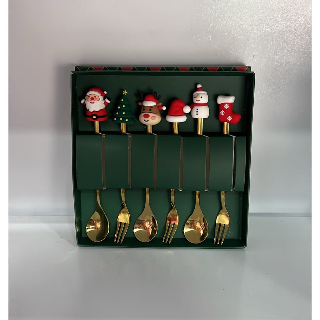 Kit 6un Talher Dourado Natal Colher Garfo Sobremesa Premium