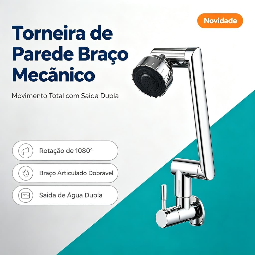 Torneira Parede ABS Preta Fosca Braço Articulado com Rotação 1080° Dois Jatos Bica Móvel Cozinha e Banheiro
