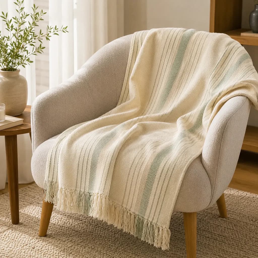 Manta Decorativa Sofá Verde E Off White 2,0x1,2m Algodão
