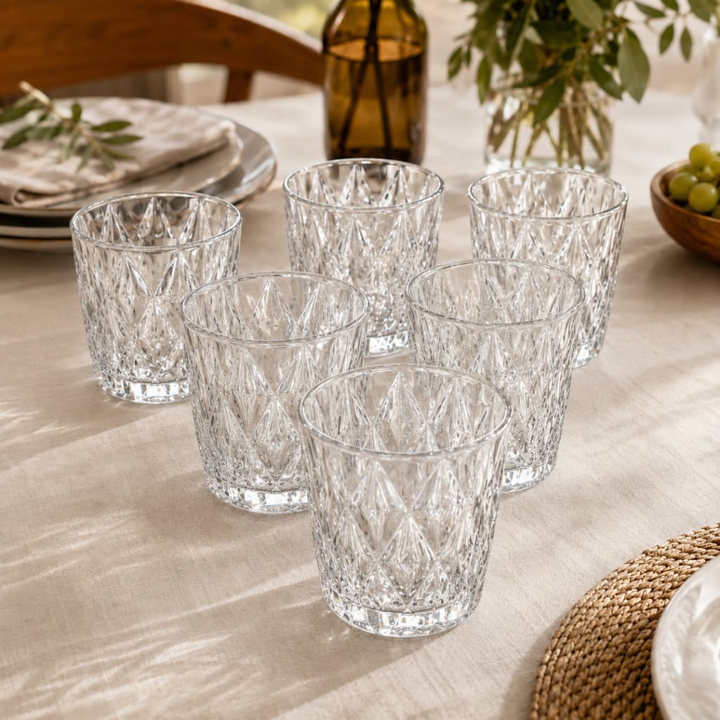 Jogo 6 Copos Vidro Diamond 290ml Conjunto Taça Mesa Posta Água Suco Copo Diamante Cozinha Decoração