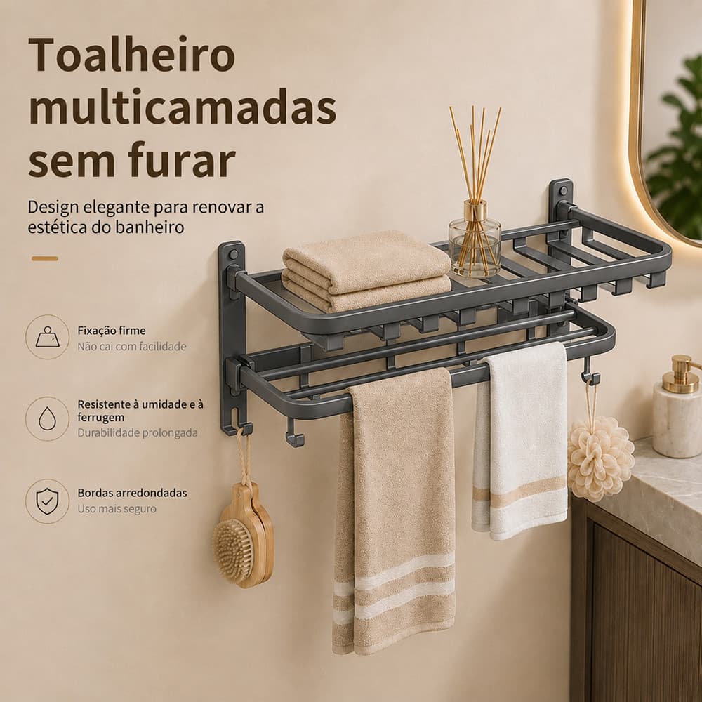 Toalheiro de Parede Sem Furar Dobrável com Prateleira, Barra e Ganchos | Organizador para Banheiro Cinza
