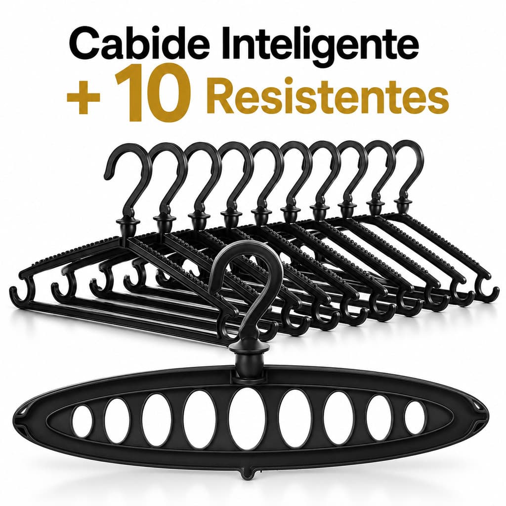 Kit 1 Cabide Inteligente + 10 Cabides Resistentes Organizador Multiuso Vertical Horizontal para Guarda-Roupa