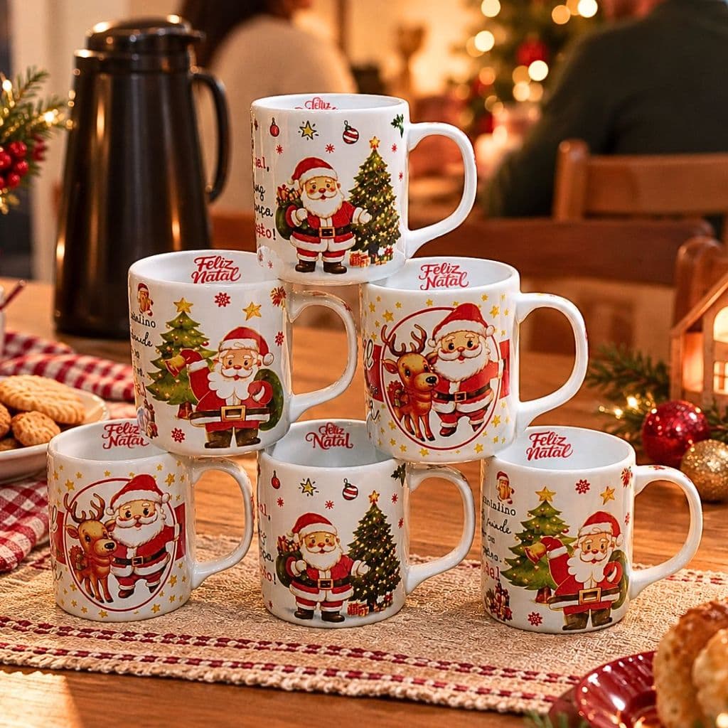 Kit Jogo 6 Canecas 300ml Natal - Porcelana