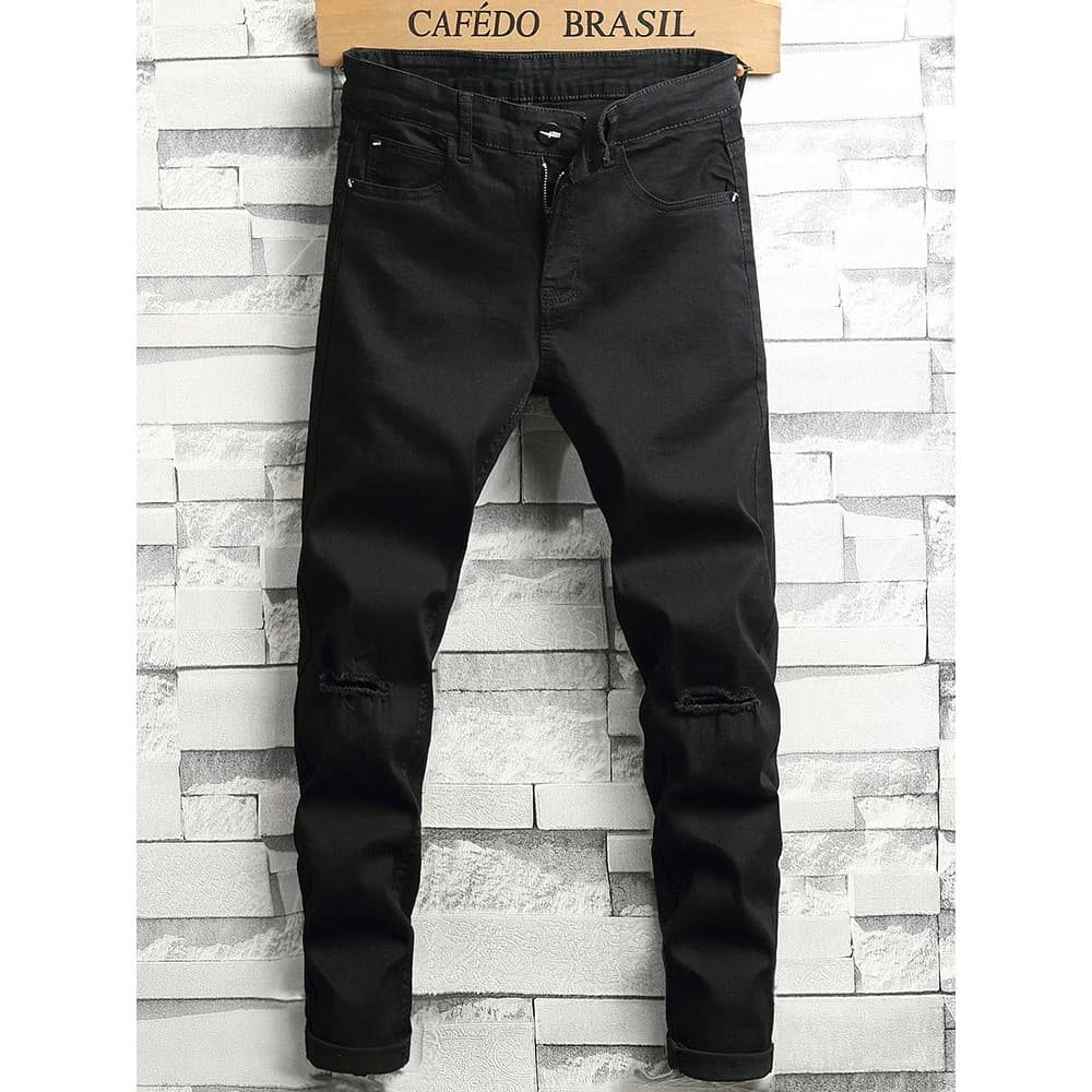 2026 novo estilo Jeans masculino primavera outono estilo joelho rasgado preto tornozelo comprimento calças primavera est