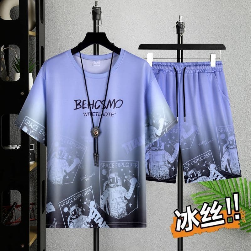 Shorts curtos de manga curta terno masculino verão Casual camiseta de seda gelo roupas masculinas um conjunto combinando