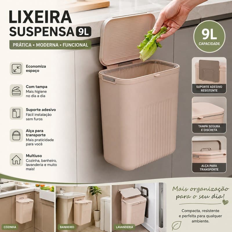 Lixeira Suspensa 9L com Tampa e Suporte Adesivo – para Pia, Parede, Cozinha e Banheiro