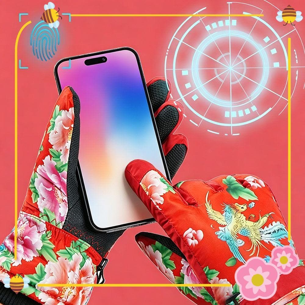Luvas De Esqui De Inverno , Ciclismo Quentes Florais Chineses Snowboard Antiderrapantes Impermeáveis Com Tela Sensíve