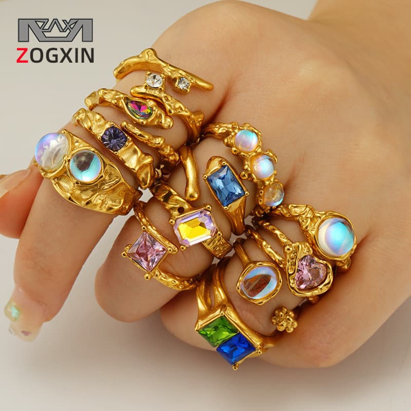 Europeu americano Retro jóias de aço inoxidável Moonstone anel Irregular linha geométrica abertura anel ajustável femini