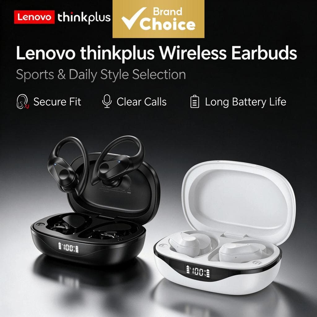 Fones de Ouvido Lenovo LP75, fones de ouvido sem fio Bluetooth, fone de ouvido resistente à água IPX5, leve e
